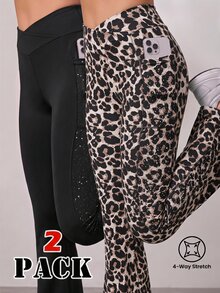 SHEIN 青少年女孩 2件組豹紋與素色高腰喇叭褲套裝 休閒寬鬆針織喇叭腿緊身褲 健身運動款 黑色/棕色 秋季 - 彩色 - 查看 1