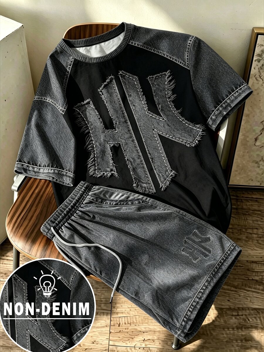 Manfinity Hypemode American Retro Faux Denim Color Block NY Print T-Shirt & Drawstring Shorts Set,Black,Grey,Summer,Streetwear,City Break Unisex Casual Two Pieces Outfit - Multicolor - View 1