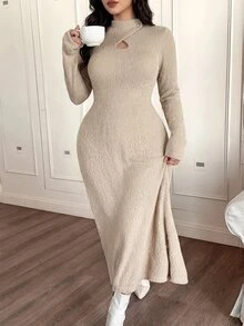 Feyla Plus Size Women's Solid Color Hollow Out Casual Daily Dress - Apricot - View 1