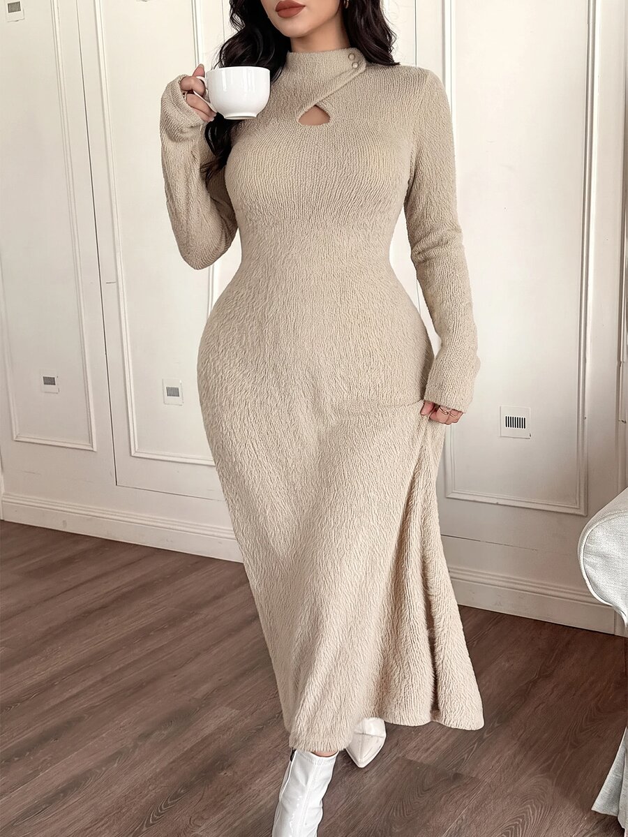 Feyla Plus Size Women's Solid Color Hollow Out Casual Daily Dress - Apricot - View 1