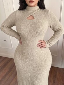 Feyla Plus Size Women's Solid Color Hollow Out Casual Daily Dress - Apricot - View 5