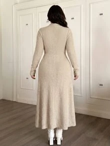 Feyla Plus Size Women's Solid Color Hollow Out Casual Daily Dress - Apricot - View 2
