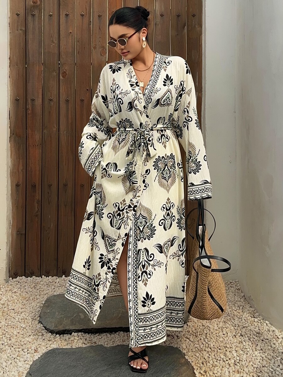 Dazy Plus Plus Size Summer Vacation Beach Allover Print Coverup Dress - Apricot - View 1