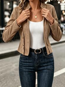SHEIN Women's Solid Color Fashion Versatile Long Sleeve Jacket - Brown - View 7