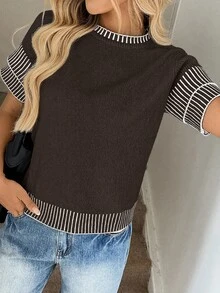 Easowa 女款條紋對比飾邊配色時尚休閒優雅法式方領短袖針織上衣，深棕色，適合辦公室與早午餐，夏季穿著 - 棕色 - 查看 4