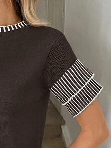 Easowa 女款條紋對比飾邊配色時尚休閒優雅法式方領短袖針織上衣，深棕色，適合辦公室與早午餐，夏季穿著 - 棕色 - 查看 3