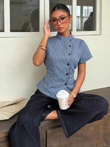 Muchica 女款夏季休閒條紋收腰襯衫 - 藍色 - 查看 3