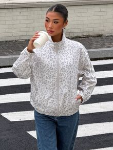 Muchica Women's Leopard Print Long Sleeve Zipper Front Casual Jacket - Grey - View 6