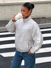 Muchica Women's Leopard Print Long Sleeve Zipper Front Casual Jacket - Grey - View 7