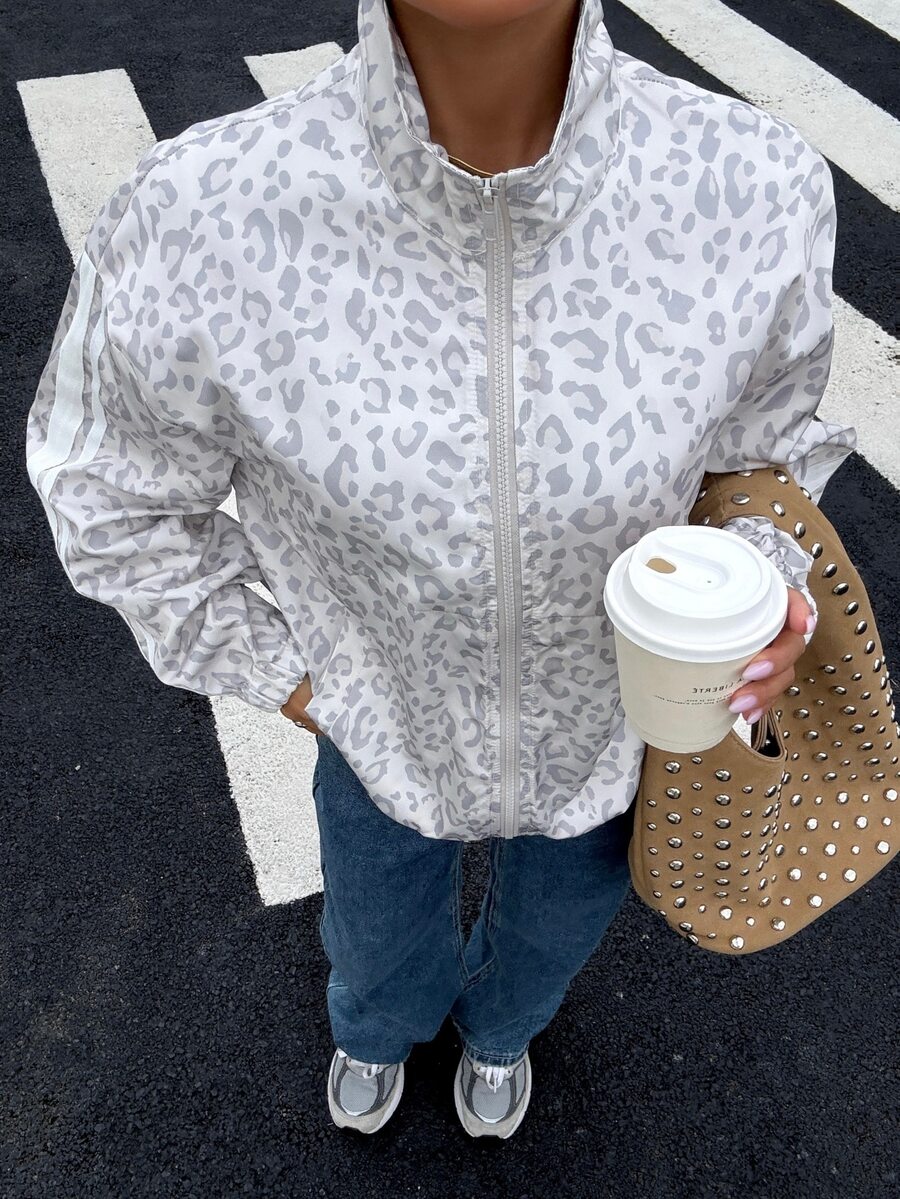 Muchica Women's Leopard Print Long Sleeve Zipper Front Casual Jacket
