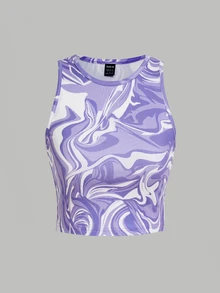SHEIN ICON 90年代大理石印花约克时尚图形短款背心 - 紫色 - 查看 1