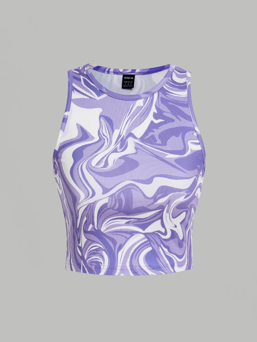 SHEIN ICON 90年代大理石印花约克时尚图形短款背心 - 紫色 - 查看 1