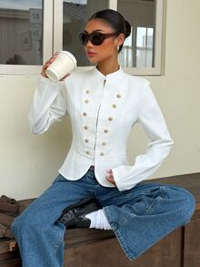 Muchica White Double-Breasted Short Sleeve Women's Outerwear Summer Urban - White - View 4
