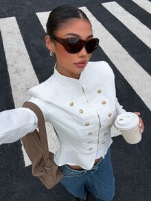 Muchica White Double-Breasted Short Sleeve Women's Outerwear Summer Urban - White - View 5