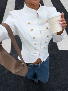 Muchica White Double-Breasted Short Sleeve Women's Outerwear Summer Urban - White - View 2