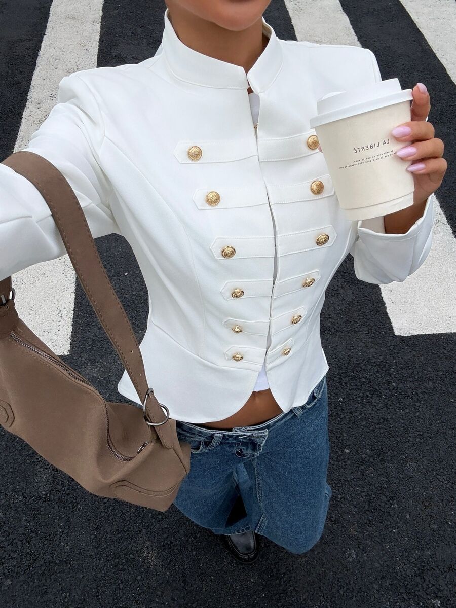 Muchica White Double-Breasted Short Sleeve Women's Outerwear Summer Urban
