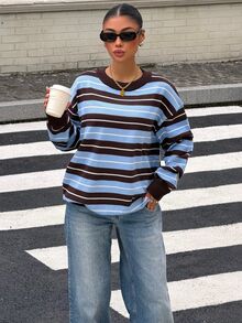 Muchica Women's Blue Striped Round Neck Dropped Shoulder Long Sleeve Casual Sweater - Multicolor - View 5