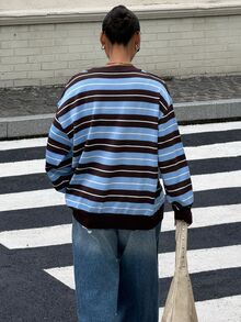 Muchica Women's Blue Striped Round Neck Dropped Shoulder Long Sleeve Casual Sweater - Multicolor - View 2