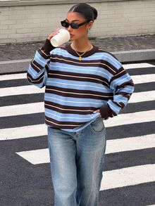 Muchica Women's Blue Striped Round Neck Dropped Shoulder Long Sleeve Casual Sweater - Multicolor - View 6
