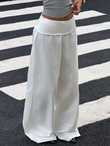 Muchica Women's White Woven Casual Long Pants With Folded Waist Vacation Summer - White - View 4