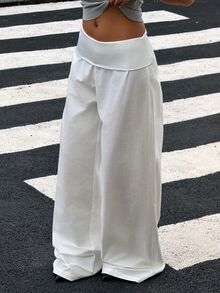 Muchica Women's White Woven Casual Long Pants With Folded Waist Vacation Summer - White - View 3