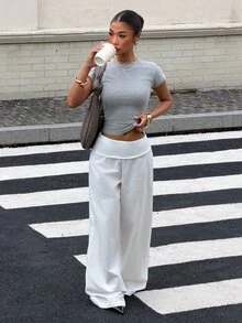 Muchica Women's White Woven Casual Long Pants With Folded Waist Vacation Summer - White - View 7