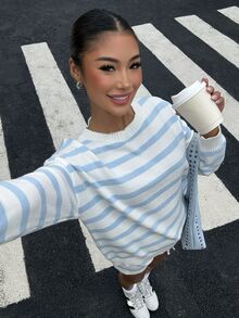 Muchica Women's Casual Daily Striped Crew Neck Drop Shoulder Sweater And Drawstring Waist Shorts 2-Piece Set - Blue - View 6