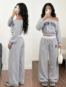 SHEIN Teen Girl Letter Print Asymmetrical Shoulder Long Sleeve Sweatshirt And Drawstring Waist Long Pants Set - Grey - View 1