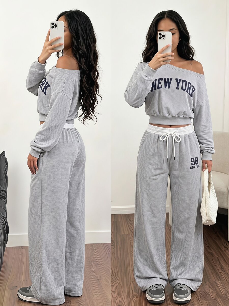 SHEIN Teen Girl Letter Print Asymmetrical Shoulder Long Sleeve Sweatshirt And Drawstring Waist Long Pants Set - Grey - View 1