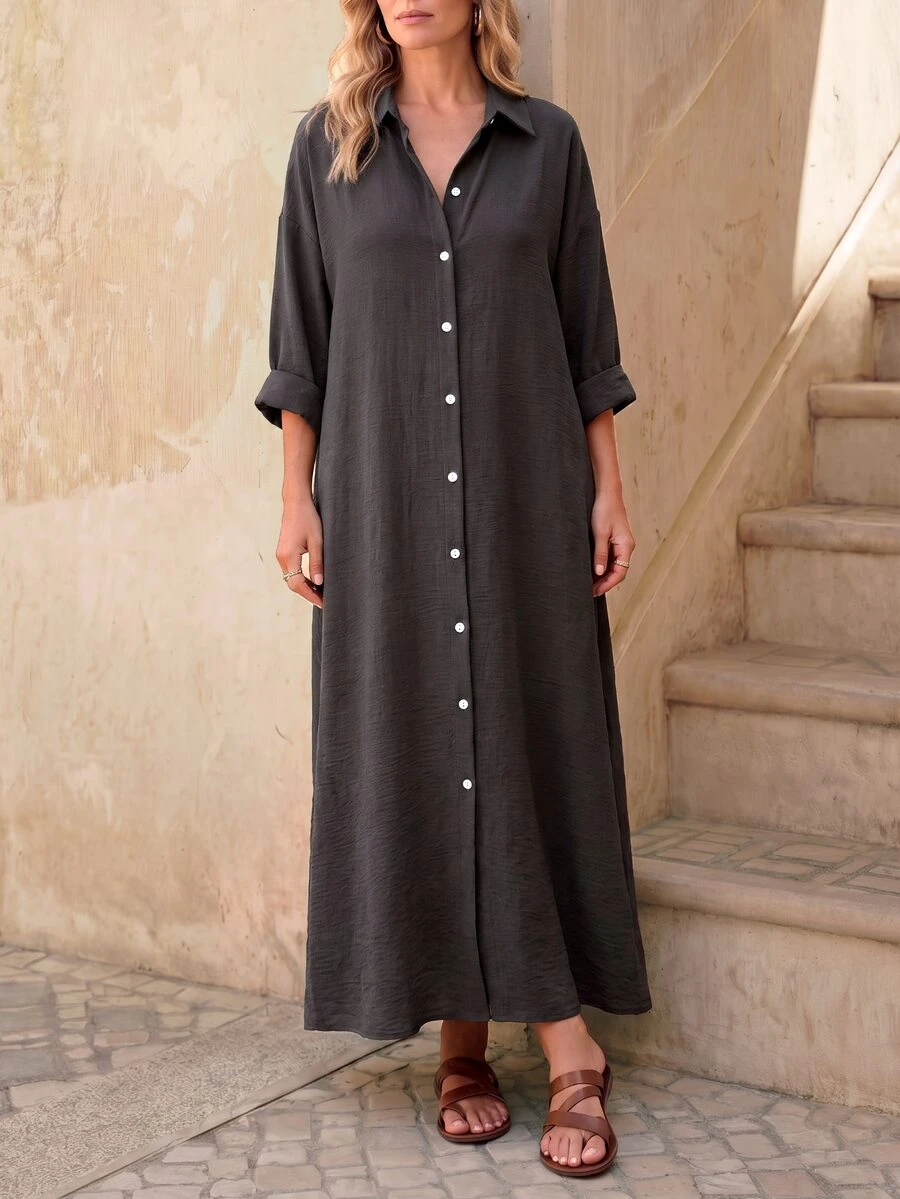 EMERY ROSE Camisa larga con botones y pliegues oversize para mujer - Gris Oscuro - Ver 1