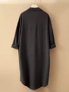 EMERY ROSE Pleated Long Button Down Oversized Women Shirt - Dark Grey - View 2