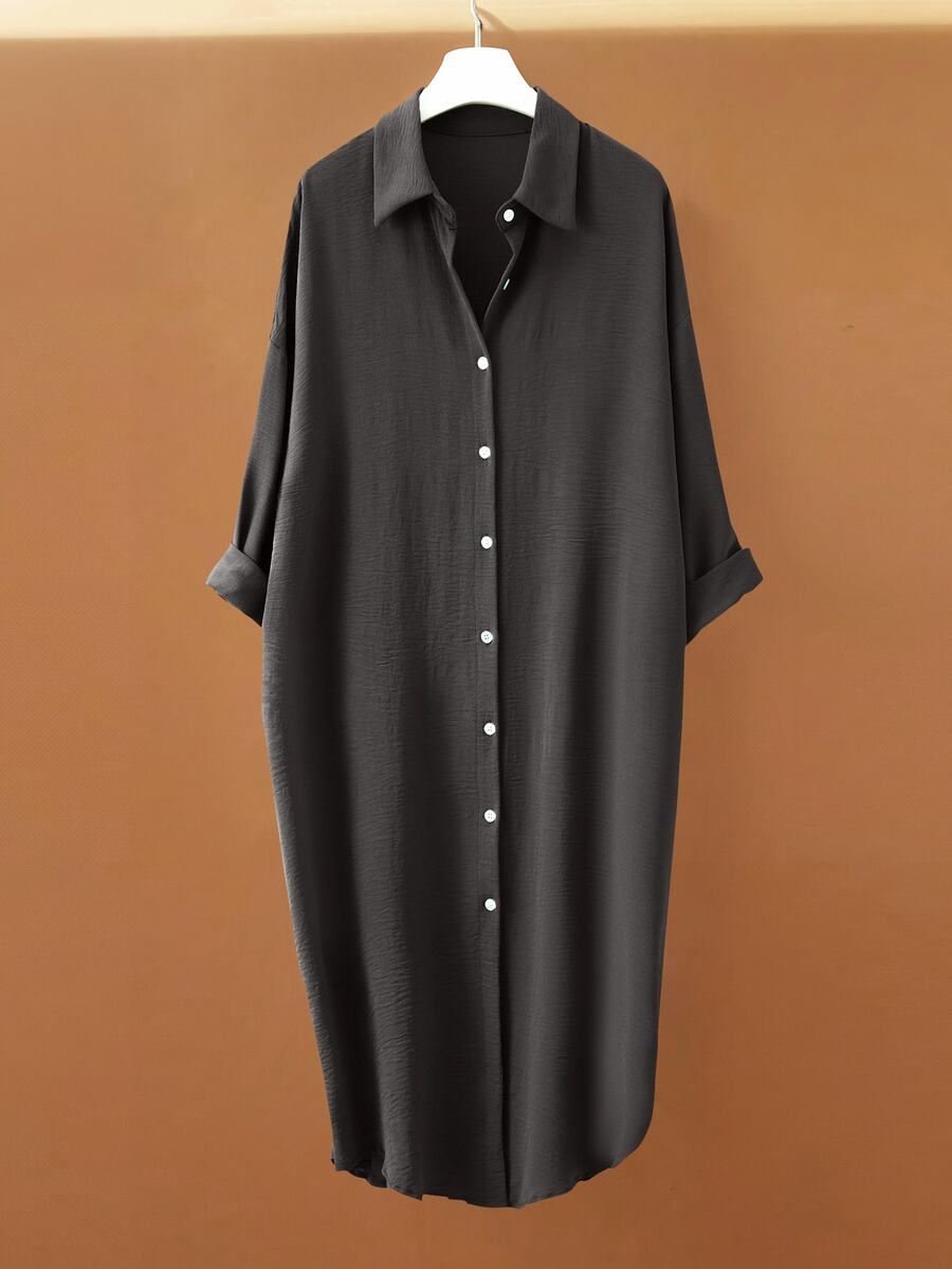 EMERY ROSE Pleated Long Button Down Oversized Women Shirt - Dark Grey - View 1