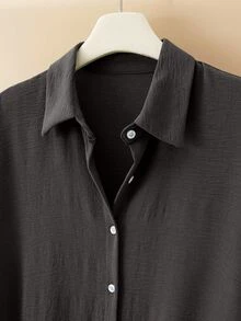 EMERY ROSE Pleated Long Button Down Oversized Women Shirt - Dark Grey - View 5