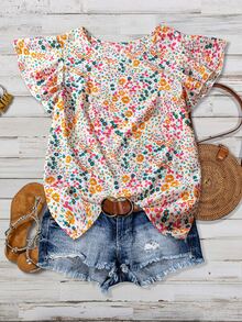 EMERY ROSE Blusa de corte regular con estampado floral menudo, con diseño de mangas con volantes, adecuada para vacaciones/casual/trabajo - Multicolor - Ver 1