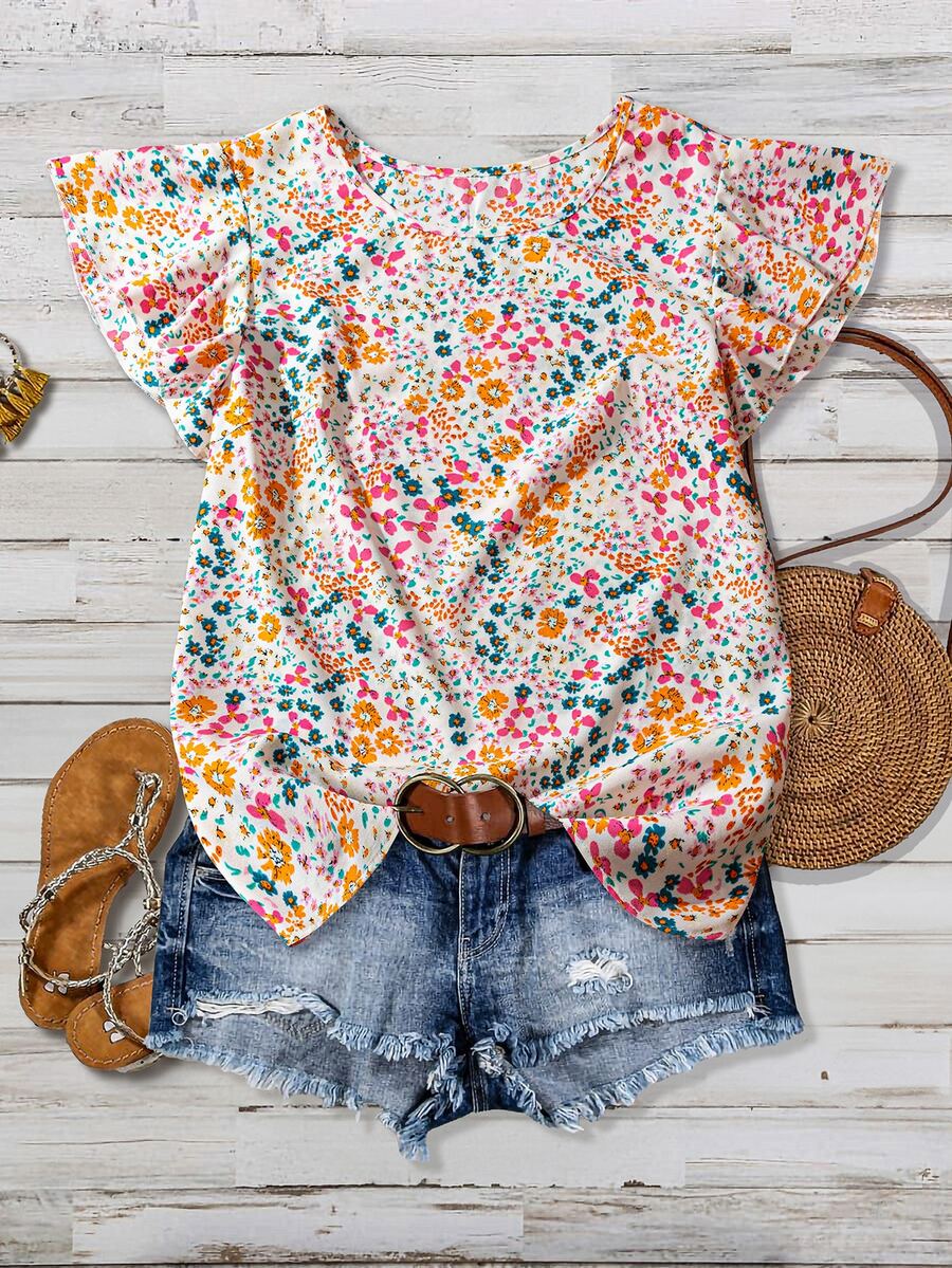 EMERY ROSE Blusa de corte regular con estampado floral menudo, con diseño de mangas con volantes, adecuada para vacaciones/casual/trabajo - Multicolor - Ver 1