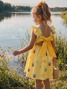 Emery Rose Kids Emery Rose Kids Young Girl Woven Striped Floral & Bee Pattern Square Neck Ruffle Hem Casual Dress - Multicolor - View 2