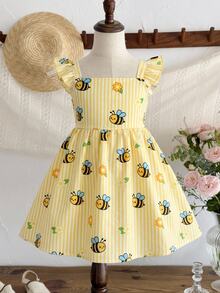 Emery Rose Kids Emery Rose Kids Young Girl Woven Striped Floral & Bee Pattern Square Neck Ruffle Hem Casual Dress - Multicolor - View 5