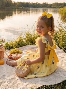 Emery Rose Kids Emery Rose Kids Young Girl Woven Striped Floral & Bee Pattern Square Neck Ruffle Hem Casual Dress - Multicolor - View 3