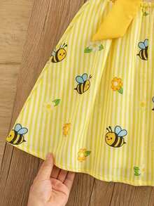 Emery Rose Kids Emery Rose Kids Young Girl Woven Striped Floral & Bee Pattern Square Neck Ruffle Hem Casual Dress - Multicolor - View 7