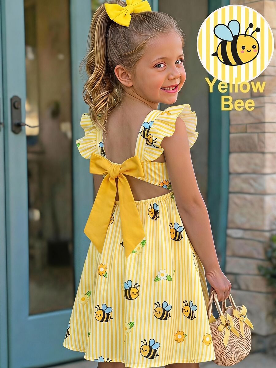 Emery Rose Kids Emery Rose Kids Young Girl Woven Striped Floral & Bee Pattern Square Neck Ruffle Hem Casual Dress - Multicolor - View 1