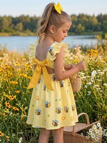 Emery Rose Kids Emery Rose Kids Young Girl Woven Striped Floral & Bee Pattern Square Neck Ruffle Hem Casual Dress - Multicolor - View 4