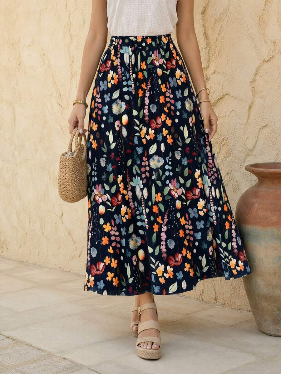 SHEIN LUNE Women's Casual Floral Print Skirt - Multicolor - View 1