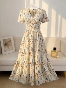 EMERY ROSE Women's Floral V-Neck Short Sleeve Elegant Vacation Dress - Multicolor - View 6