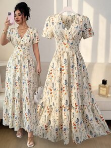 EMERY ROSE Women's Floral V-Neck Short Sleeve Elegant Vacation Dress - Multicolor - View 5