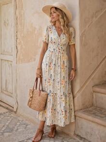 EMERY ROSE Women's Floral V-Neck Short Sleeve Elegant Vacation Dress - Multicolor - View 1