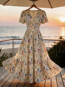 EMERY ROSE Women's Floral V-Neck Short Sleeve Elegant Vacation Dress - Multicolor - View 7