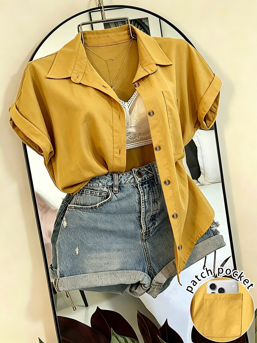 EMERY ROSE Women's Solid Color Short Sleeve Pocket Casual Vacation Shirt - Yellow - View 1