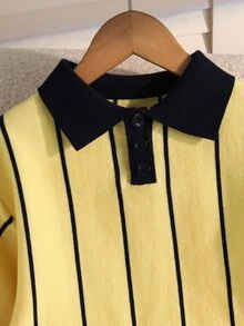 SHEIN 男童厚針織開襟毛衣，條紋圖案，長袖，秋冬款 - 黃色 - 查看 3