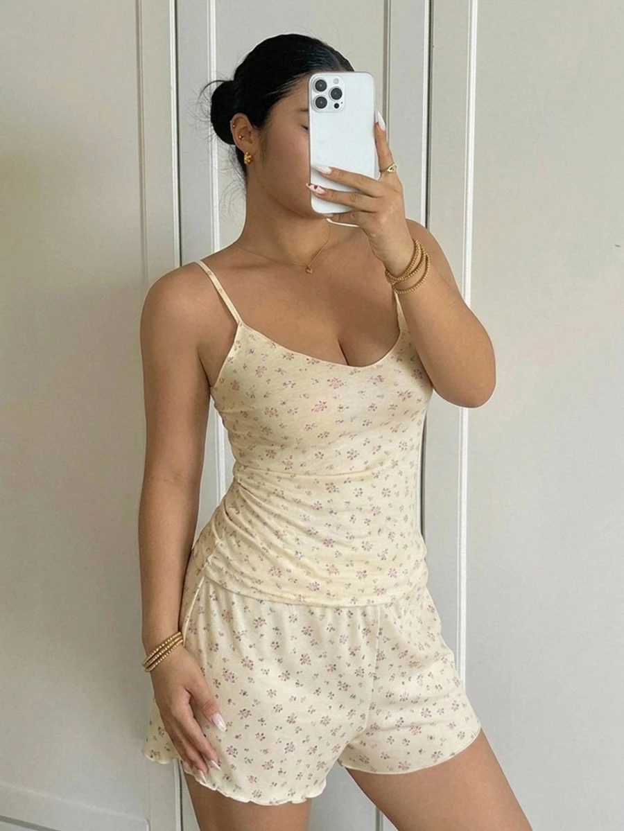 Dazy Plus Small Ditsy Floral Cami Top And Elastic Waist Shorts Plus Size Women's Spring/Summer Pajama Set - Apricot - View 1