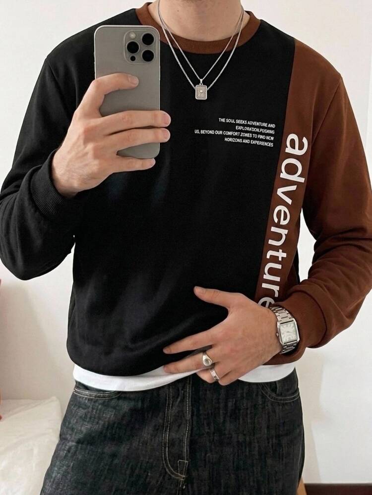 HIMLAND Men's Letter Graphic Casual Everyday Wear Crew Neck Long Sleeve Sweatshirt - Brown - View 7